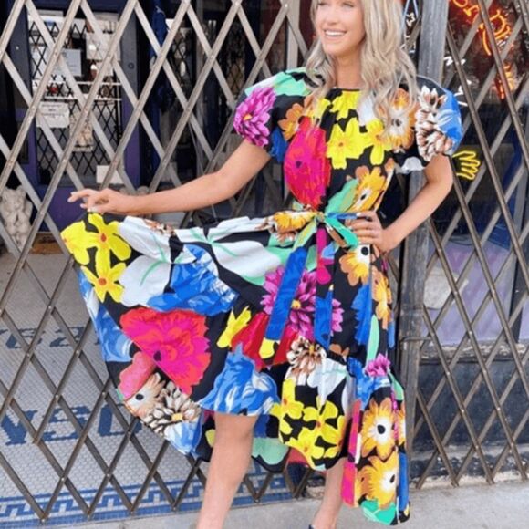 NWOT Christopher John Rogers Floral Puff Sleeve Poplin A-Line Midi Dress Small - Picture 1 of 10